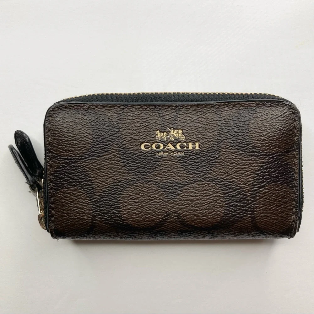COACH F63975 Chocolate Espresso Leather Signature Double Zip Coin Case Bag_2
